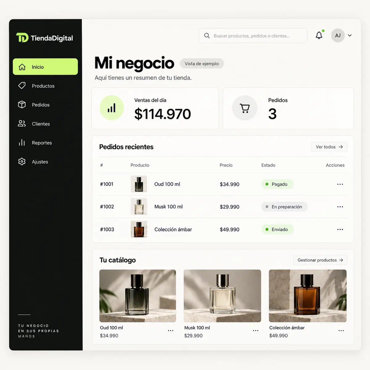 Panel de administración de TiendaDigital con pedidos y ventas del día